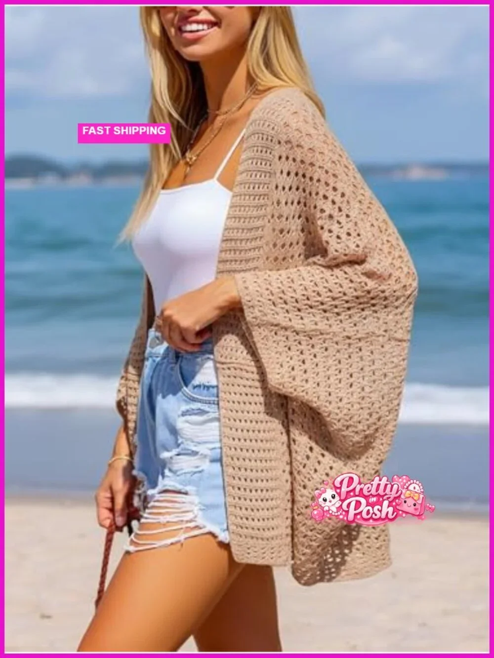 Knit Open Front Long Dolman Sleeves Beach Crocheted Cover-Up